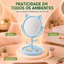 Espelho de Penteadeira Compacto com Base Porta-Acessórios e Ajuste de Ângulo 180° - azul&gatinho - Visão 2