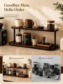 2-Tier Vintage Wooden Desktop Storage Rack, Vertical Shelf, Painted Material, Retro Texture, Durable Wooden Material, Space-Saving Design, Suitable For Coffee Station Cup And Coffee Bean Placement, Kitchen Condiment Bottle Organization, Cosmetic Countertop Organization, Living Room Desktop Accessory Organization, Multi-Functional Room Decor, Bedroom Decor, Shelf, Rack - View 2