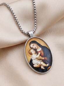 Religious Virgin Mary Pendant Necklace, Stainless Steel Oval Printed Virgin Mary Medal Box Chain, Christian Faith Jewelry, Gift For Women And Girls - Silver - View 6