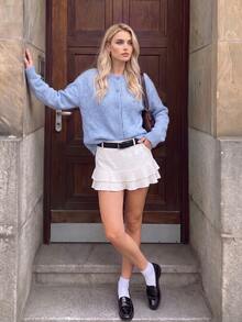 Nicenter Cardigan Rajut Lembut Campuran Wol Biru untuk Wanita Musim Gugur/Musim Dingin, Kerah Bulat, Kancing Depan, Atasan Musim Gugur, Pakaian Musim Gugur untuk Wanita, Pakaian Musim Dingin - Biru Langit - View 9