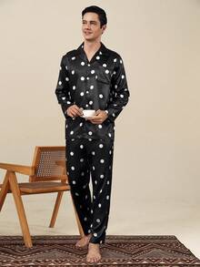 Spring/Autumn Men's Cardigan Faux Silk Pajama Set, Premium Long Sleeve & Long Pants Comfortable Loungewear - Multicolor - View 4