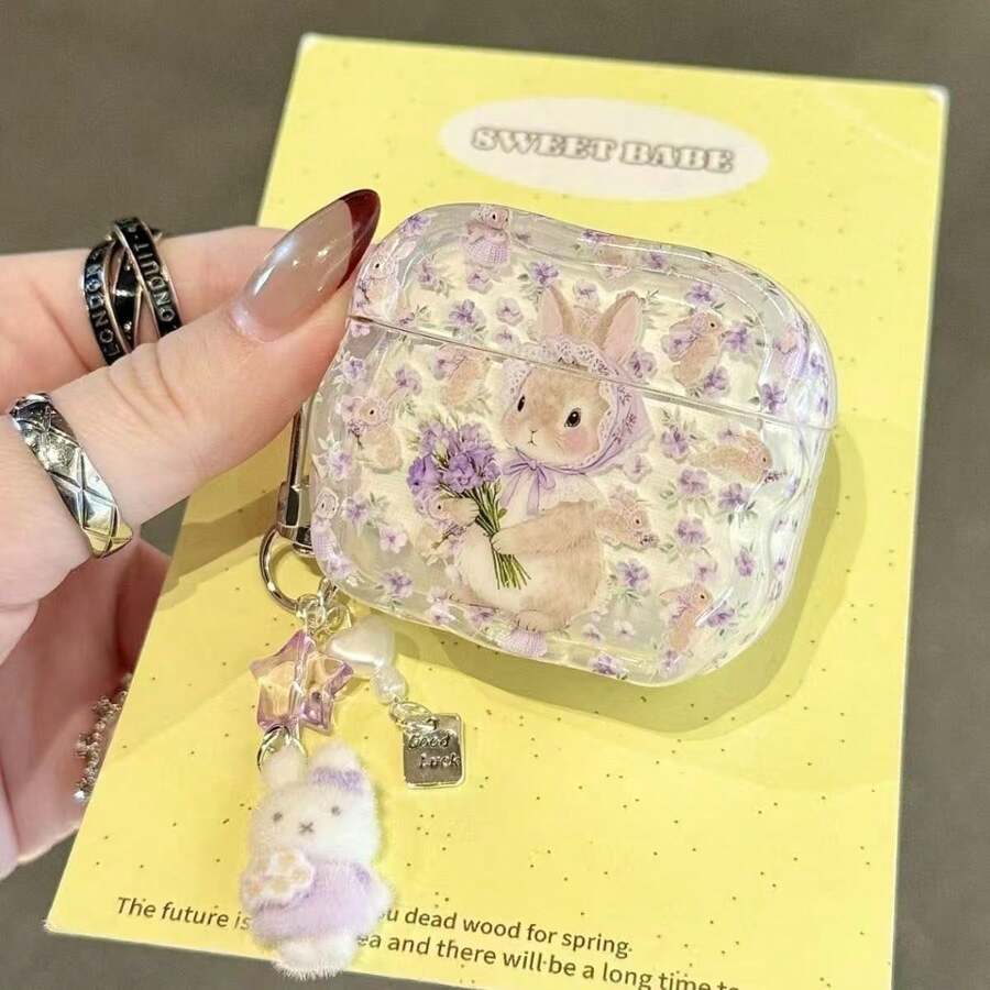 1pc Cute Floral Bunny Print Earphone Protective Case With Plush Bunny Charm, Purple Flower Clear Shockproof TPU Wireless Earbud Cover 1/2/3/4/Pro/Pro2(Nd)/Pro(3rd)