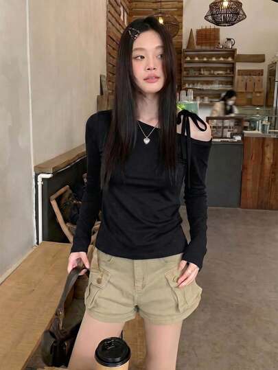Sexy Style Tie-Up Off-Shoulder Long Sleeve T-Shirt Women's Autumn Fitted Sexy Hot Girl Asymmetrical Top
