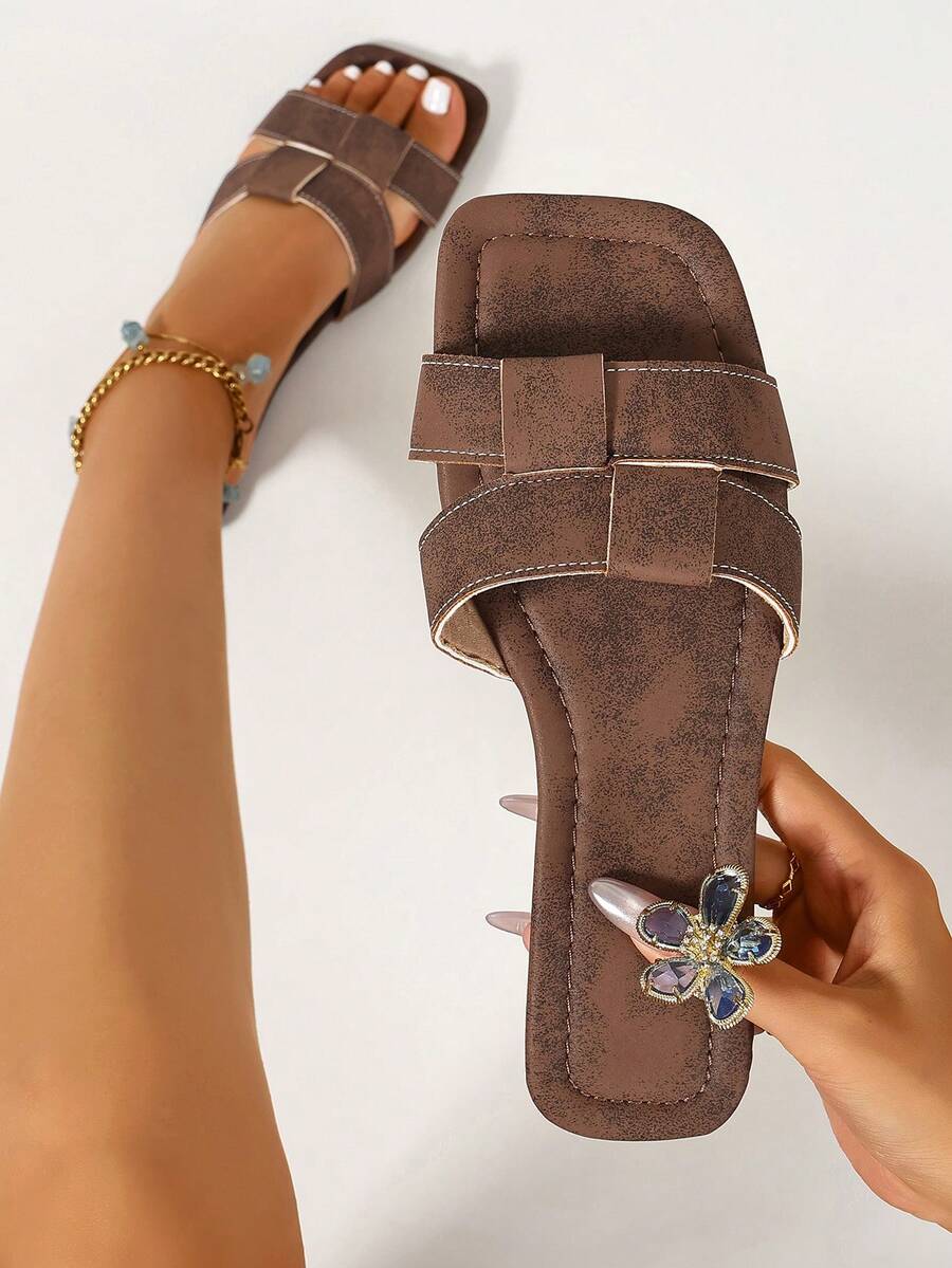 Ximi Ruo 女款春夏新款時尚休閒平底穆勒涼鞋,舒適低跟圓頭極簡戶外沙灘拖鞋,百搭裝飾平底涼鞋 - 咖啡棕 - 查看 1