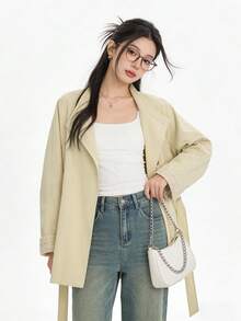 Chic Stand Collar Vintage Trench Coat Button Jacket, Airport Outfit, Travel Daily Wear, Spring Autumn - Khaki - View 2