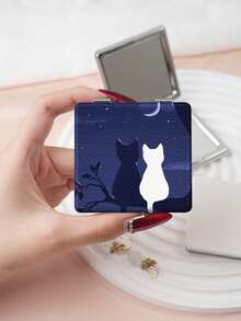 1PC Pastoral Cat Pet Series Portable Foldable Lightweight Ultra-Thin Convenient Durable PU Leather Suitable For Multiple Scenarios All People Foldable Small Square Mirror Portable Fresh Moon Heart Flower Cat Pattern Design Exquisite Delicate Foldable Structure Durable Reliable Drop-Resistant Easy To Carry Handheld 180° Flip Cover Multi-Functional Daily Holiday Birthday Valentine's Day - Multicolor - View 8