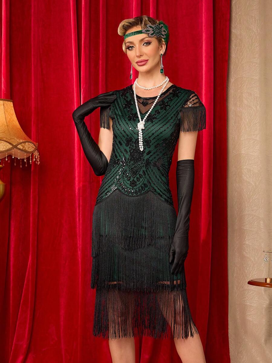 女款亮片流蘇 Flapper 舞女洋裝,1920年代風格雞尾酒洋裝,咆哮20年代哈林之夜風格,適合婚禮派對秋季穿著 - 綠色 - 查看 1