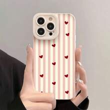 1件粉色與白色條紋愛心圖案全包覆TPU防震手機殼，適用於Apple 17 16 15 14 13 12 11 Pro Max - 彩色 - 查看 2