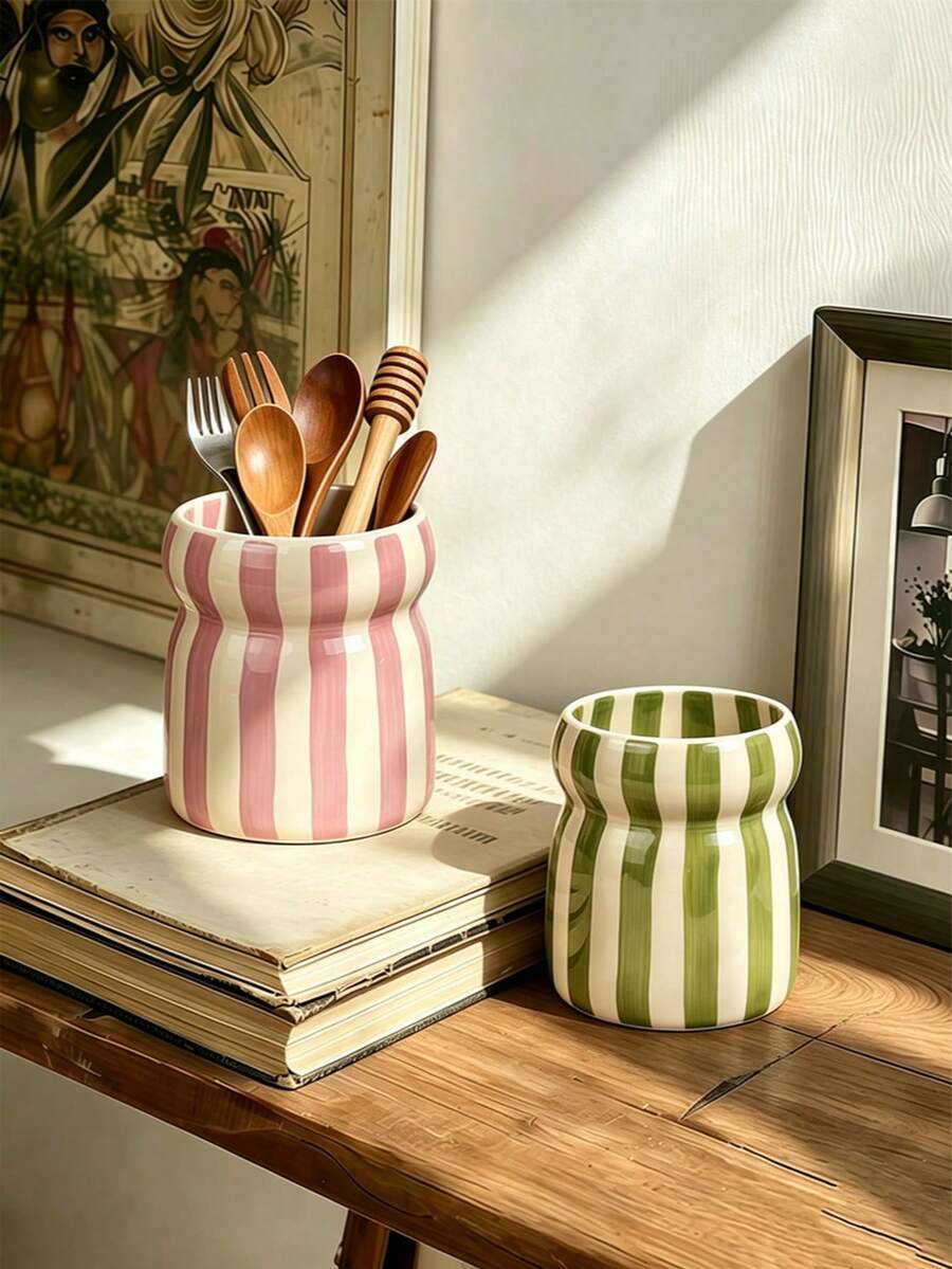 1pc Striped Ceramic Storage Jar, Utensil Holder, Cutlery Caddy With Multi-Color Striped Pattern, Suitable For Kitchen Storage, Tableware Organization, Home Decor, Back To School Supplies, Holiday Gifts - View 1