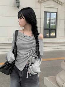 YCYC Gaya Korea Musim Gugur/Dingin Kaos Kasual Seksi Tanpa Bahu dengan Detail Kerut dan Tali Serut - Grey - View 1
