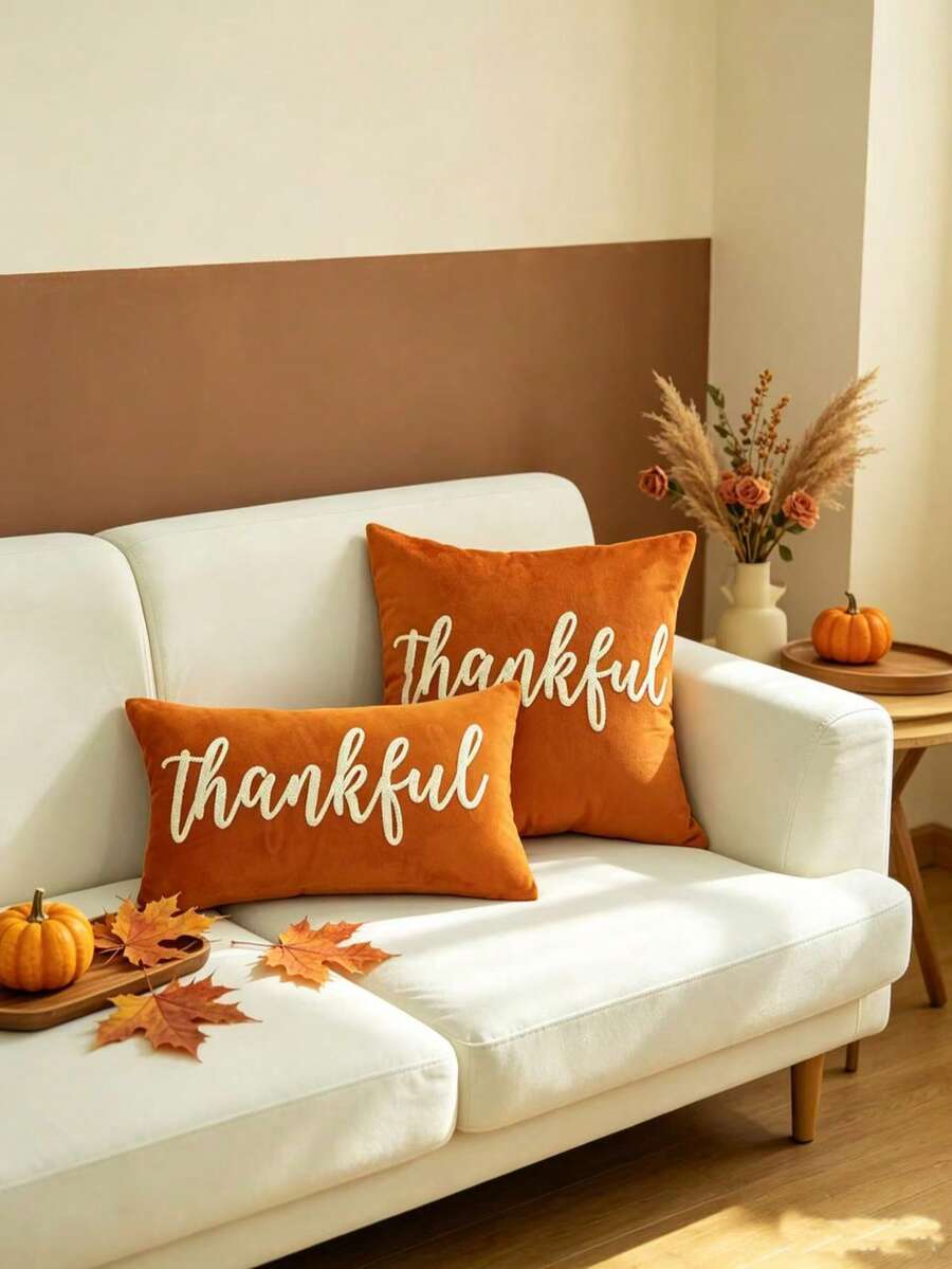 LCUHPCL 1pc Autumn Thanksgiving Single-Sided 3D Embroidered Thankful Pillow Case, Home Decor For Living Room, Bedroom, Sofa And Other Environments