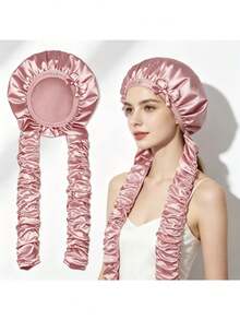 1Pc Satin Heatless Curving Wide Brim Sleeping Cap Long Hair Braid Styling Hat For Overnight Hair Wave - Multicolor - View 1