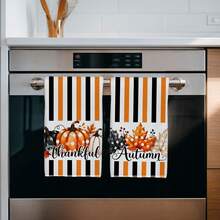2PCS Kitchen Towels Autumn Striped Pumpkin Maple Leaf Black Orange Striped Print Pattern, Super Fine Fiber Material Soft Kitchen Towels Dish Cloths, Hand Towels, Tablecloths, Halloween Kitchen Decor, Kitchen Cleaning, Bathroom Cleaning, Holiday Party Decor, Kitchen Bathroom Supplies Home Essentials, Home Decor, Housewarming Gift - Orange - View 5