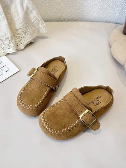 Vintage Girls' Mule Shoes, Spring/Autumn Style, Buckle Design, Soft Sole Anti-Slip Casual Half-Slip-On