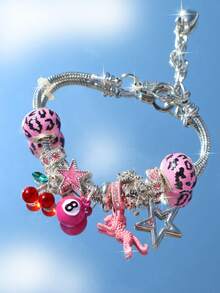 1pc Leopard Print Cherry Star Charm Bracelet, Star Girl Bracelet, Leopard Bracelet, Black Leopard Bracelet, Star DIY Bracelet - Pink - View 4