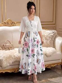 Women's Fashion Elegant Pearl 3D Floral Print Dress Chiffon Jacket Elegant 2-Piece Set Beach Vacation 2-Piece Set Summer - Multicolor - View 5