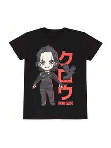 Einfaches schwarzes T-Shirt mit Anime-Cartoon-Print, vielseitig für den Alltag geeignet, locker geschnitten, Unisex-Sommer-T-Shirt. - Schwarz - Übersicht 1