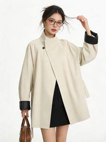 Commuter Versatile Premium Purple Stand Collar Mid-Length Trench Coat Button-Up Jacket, Suitable For Campus, Office, Daily Wear In Spring And Autumn - Khaki - View 2