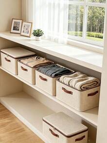 Fabric Storage Box, Foldable Cloth Box With Lid, Suitable For Clothes, Toys And Home Storage, Linen Material, Bedroom Storage Organizer - rice - View 8