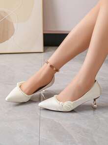 Fashionable Elegant Beaded Decor Pointed Toe High Heel Shoes - Beige - View 3