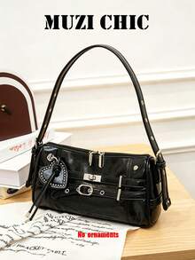 Black Motorcycle Style Rectangular Shoulder Purse, Double Belt Metal Buckle Detail Adjustable Single Strap Small PU Crossbody Bag For Daily Dating - Black - View 5