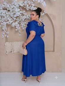 Women's Midi Plus Size Lined Dress With Square Neckline, Short Sleeves, Shoulder Bow, Padded Cups, And Elastic Back In Duna Linen - Elegant Party Dress - 寶藍色 - 查看 3