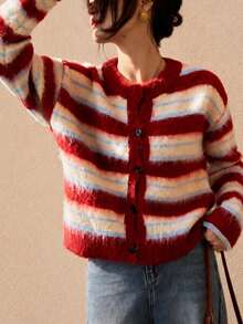 Áo cardigan len dệt kim kẻ sọc phong cách retro thường ngày cho nữ, thiết kế tối giản, phù hợp cho mùa thu/đông - Đỏ và trắng - Xem 4