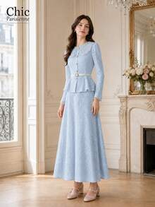 Pink Lace Peter Pan Collar Belted Maxi Dress Women Long Sleeve Wedding Guest Dress - 藍色 - 查看 3