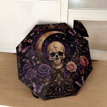 2D Printed Skull, Floral, Butterfly, Star & Moon Pattern Automatic Folding Umbrella, Internal Or External Print Option, UV Protection Sunshade, Portable Sun Umbrella For Daily Commute, Outdoor Travel, Photography, Vintage Dark Style Personalized Design, Suitable As Holiday Gift - Multicolor - View 4