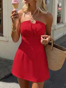 Robe bandeau élégante et sexy de couleur unie avec taille cintrée pour femmes, été - rouge vif - Voir 1