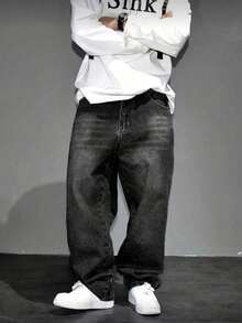 Y2K Retro Stil Herren Hell Waschung Locker Weite Beine Lässig Jeans, Perfektes Geschenk für Ehemann oder Freund - Schwarz - Übersicht 2