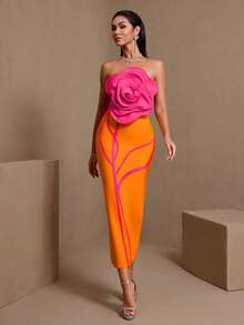Elegant Women's Strapless Rose Corset High Neck Elastic Knit Midi Bandage Dress - Orange - View 4