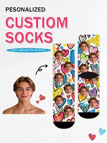 1 Pair Customized Socks, Colorful Graffiti Heart Pattern Mid-Calf Socks, Personalized Fun Photo Socks, Unisex Casual Valentine's Day Gift Socks - Multicolor - View 3