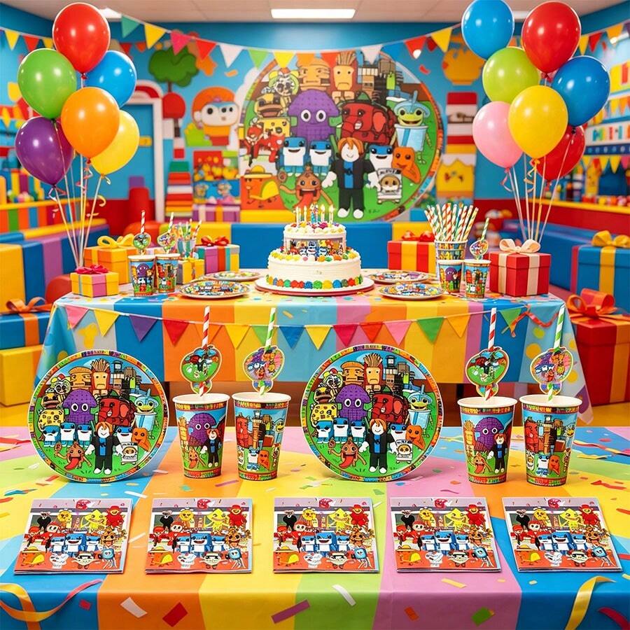 Roblox 50pcs Disposable Paper Game Cartoon Party Set, Includes Paper Plates, Paper Cups, Napkins, Straws, Birthday Tableware Set, Suitable For Birthday Party, Halloween, Thanksgiving, Labor Day, Christmas Decoration - A - View 1