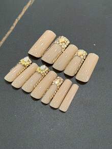 12pcs French Style Press-On Nails, Rectangular, Decorated With Large 3D Gold Rhinestones, XXL/XXXL Size, Metal Ornament Design, Luxury Y2K Style, Smooth Surface, Full Coverage, Suitable For Women And Girls Daily Wear - Multicolor - View 8