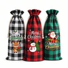 12入聖誕格紋紅酒禮品袋，聖誕老人與聖誕樹圖案抽繩酒袋，適用聖誕節、婚禮、派對、生日禮物包裝 - 15x35厘米 - 查看 9