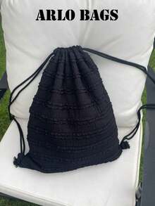 Black Tiered Lace Ruffle Drawstring Backpack, Multi-Layer Frilly Fabric Tassel Cord Shoulder Bag For Daily Casual Outings - Black - View 1