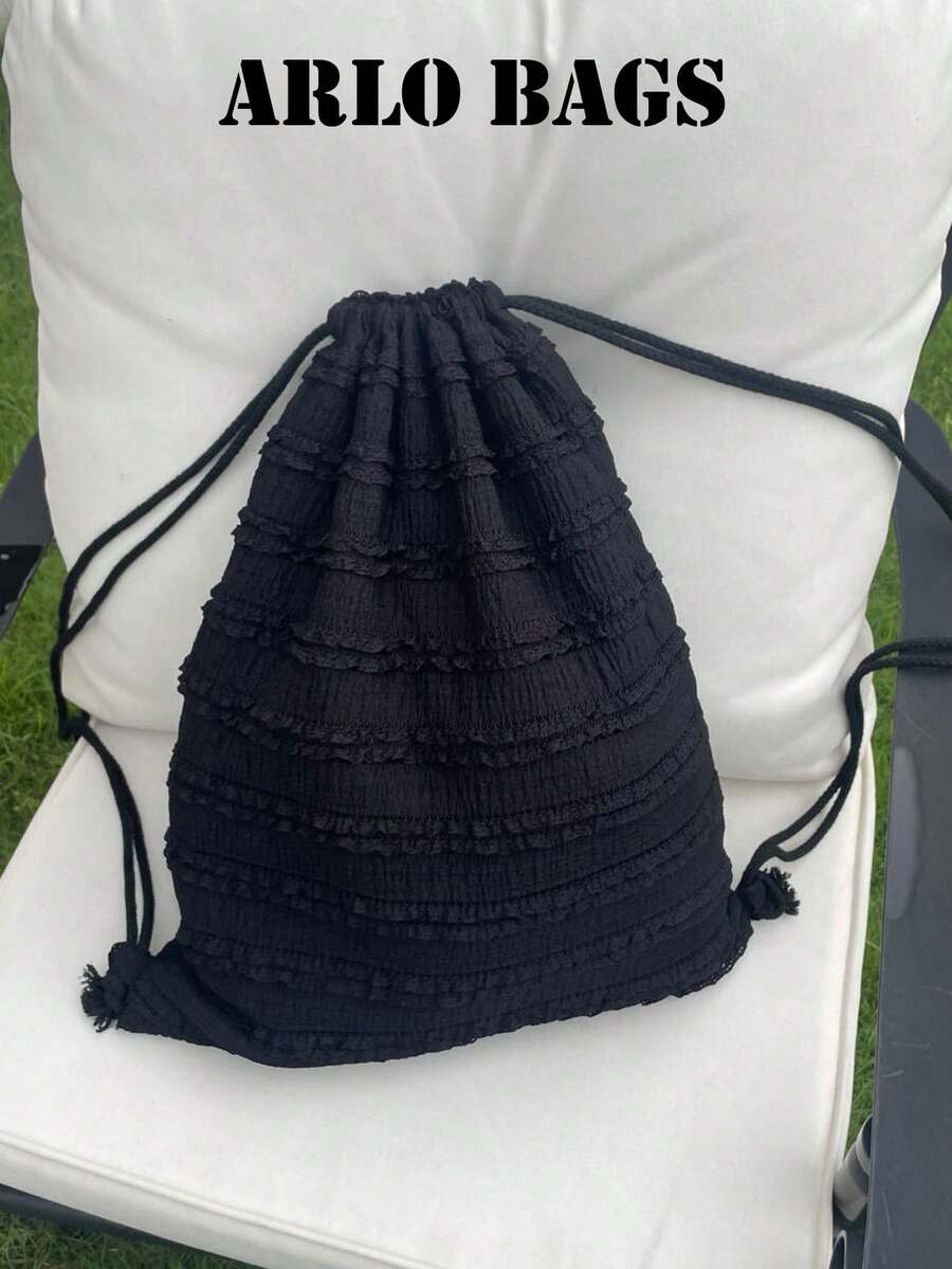 Black Tiered Lace Ruffle Drawstring Backpack, Multi-Layer Frilly Fabric Tassel Cord Shoulder Bag For Daily Casual Outings - Black - View 1