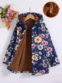 Tween Girl Casual Fashion Floral Print Thermal Lined Hooded Jacket For Daily Wear And Outings, Autumn/Winter - Black - View 3