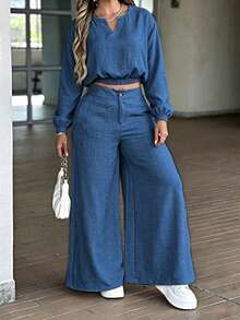 Women's New Solid Color Casual Zipper 2-Piece Set, V-Neck, Suitable For Daily Wear, Home, Office, Spring, Summer, Autumn - Blue - View 1