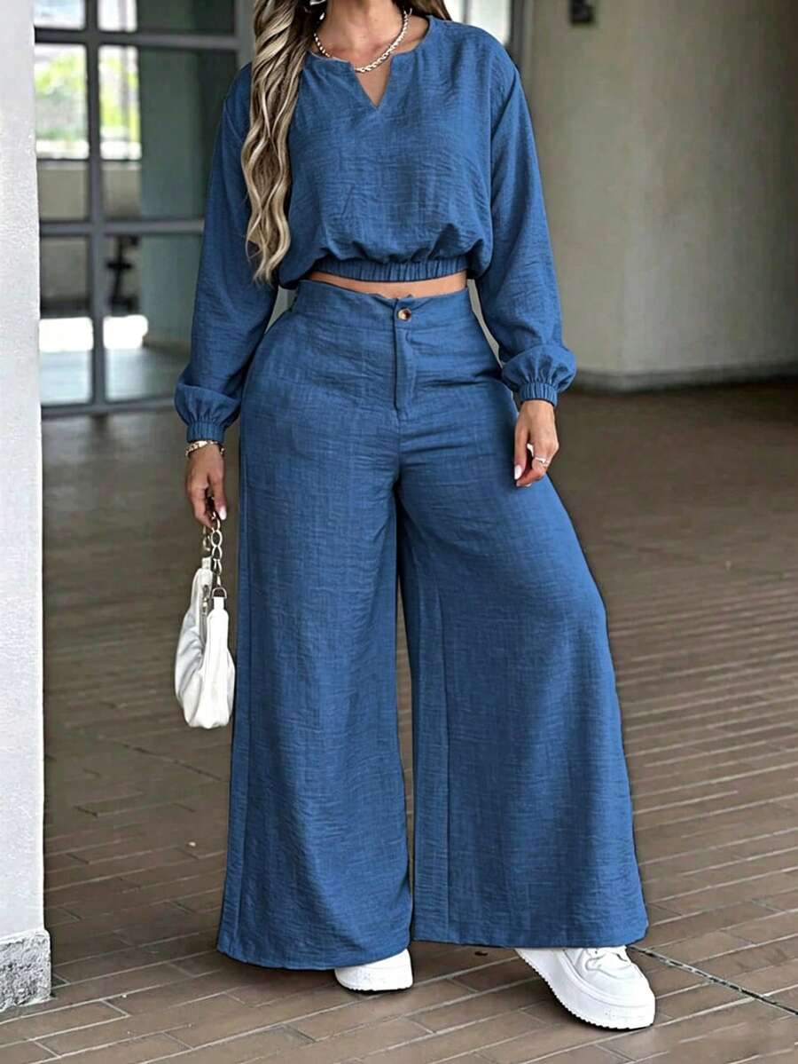 Women's New Solid Color Casual Zipper 2-Piece Set, V-Neck, Suitable For Daily Wear, Home, Office, Spring, Summer, Autumn - Blue - View 1