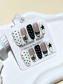 10pcs Rock Star Style Black & White Striped Polka Dot Nail Stickers, With Musical Note Nail Art Design, Handmade Gel Nails, Includes Polka Dot & Striped Stickers And Application Tools - Multicolor - View 2