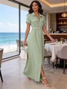MODAMO REF AS1962 LONG DRESS WITH BELT AND ZIPPER - 綠色 - 查看 4