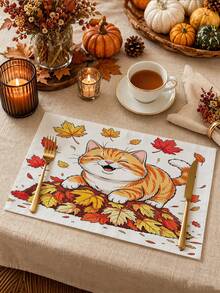 Camino de mesa con diseño de gato y hoja de arce para el Festival de Cosecha de Acción de Gracias, estilo pastoral de otoño, decoración del hogar y cocina de Acción de Gracias, camino de mesa, mantel individual, funda de almohada, decoración del hogar y suministros para fiestas del Festival de Cosecha de Acción de Gracias - Multicolor - Ver 6
