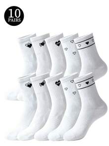 1/5/10 Paia di calzini da donna con motivo a cuore carino, a righe nere & bianche, casual sportivi comodi a metà polpaccio, stile preppy per uso quotidiano - Multicolore - Visualizzare 17
