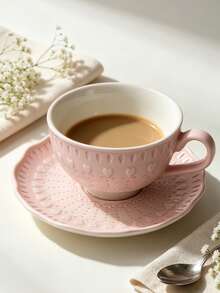 1pc Pink Heart Ceramic Coffee Cup & Saucer Set, Suitable For Home, Restaurant, Kitchen, Office And Various Occasions, Can Be Used As Coffee Cup, Latte Cup, Juice Cup, Afternoon Tea Cup, A Perfect Gift Choice - Cherry Blossoms and Leisurely Coffee Cups and Saucers - View 1