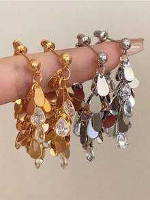 1 Pair Water Drop Shaped Metal Crystal Earrings, European And American Style, Personalized Fashion Vintage Stud Earrings, Women Girls Travel Wedding Party Accessories, Birthday Christmas Gift 2026 - Silver - View 2