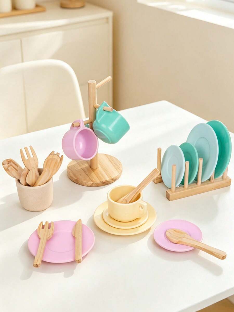 Set Peralatan Makan Kayu Warna Macaron Mainan Bermain Peran Cangkir Piring Garpu Sendok dengan Rak Penyimpanan Perlengkapan Dapur untuk Minum Teh Sore Kombinasi untuk Anak Usia 3+ Tahun Permainan Peran Dapur dan Makan Mainan Edukasi Interaktif Pengenalan Warna dan Keterampilan Motorik Halus untuk Anak-Anak, Mainan Edukatif Interaktif untuk Minum Teh Sore, Hadiah Ulang Tahun untuk Anak Laki-laki dan Perempuan