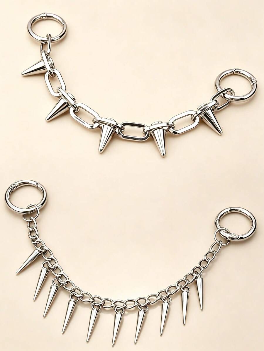 1 Set 2pcs Women's New Cool Rivet Chain Keychain Metal Chain Personalized Decorative Bag Accessory Pendant - Silver - View 1