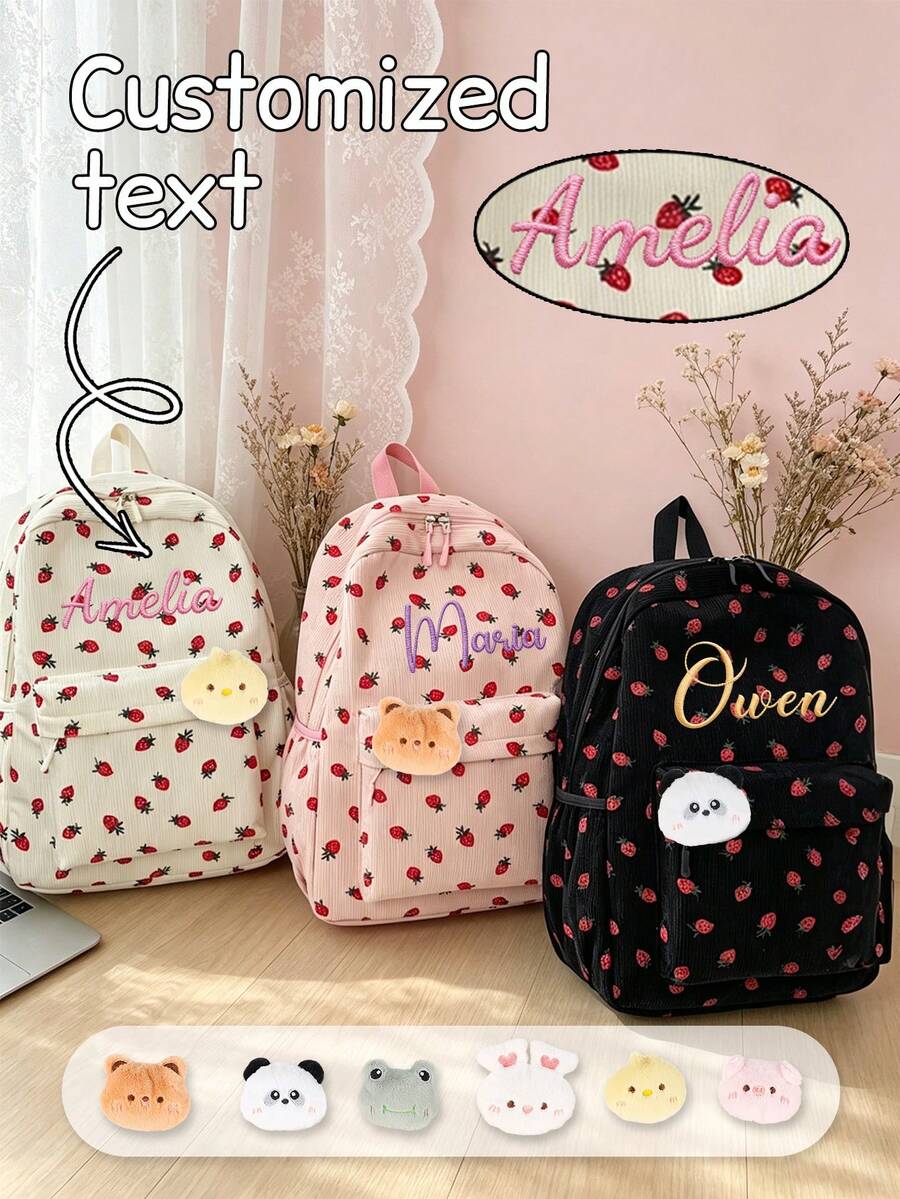 Customized Backpack With Embroidery, Personalized Text, Strawberry Print, Fashion, Casual, Versatile Backpack, Comes With Various Small Accessories, Ideal Gift For Girlfriend, Friend - Multicolor - View 1
